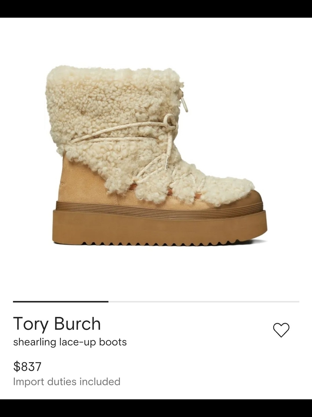New  Whit Out Box Tory Burch Women's Shearling Lace-Up Boots in Cream/Tan